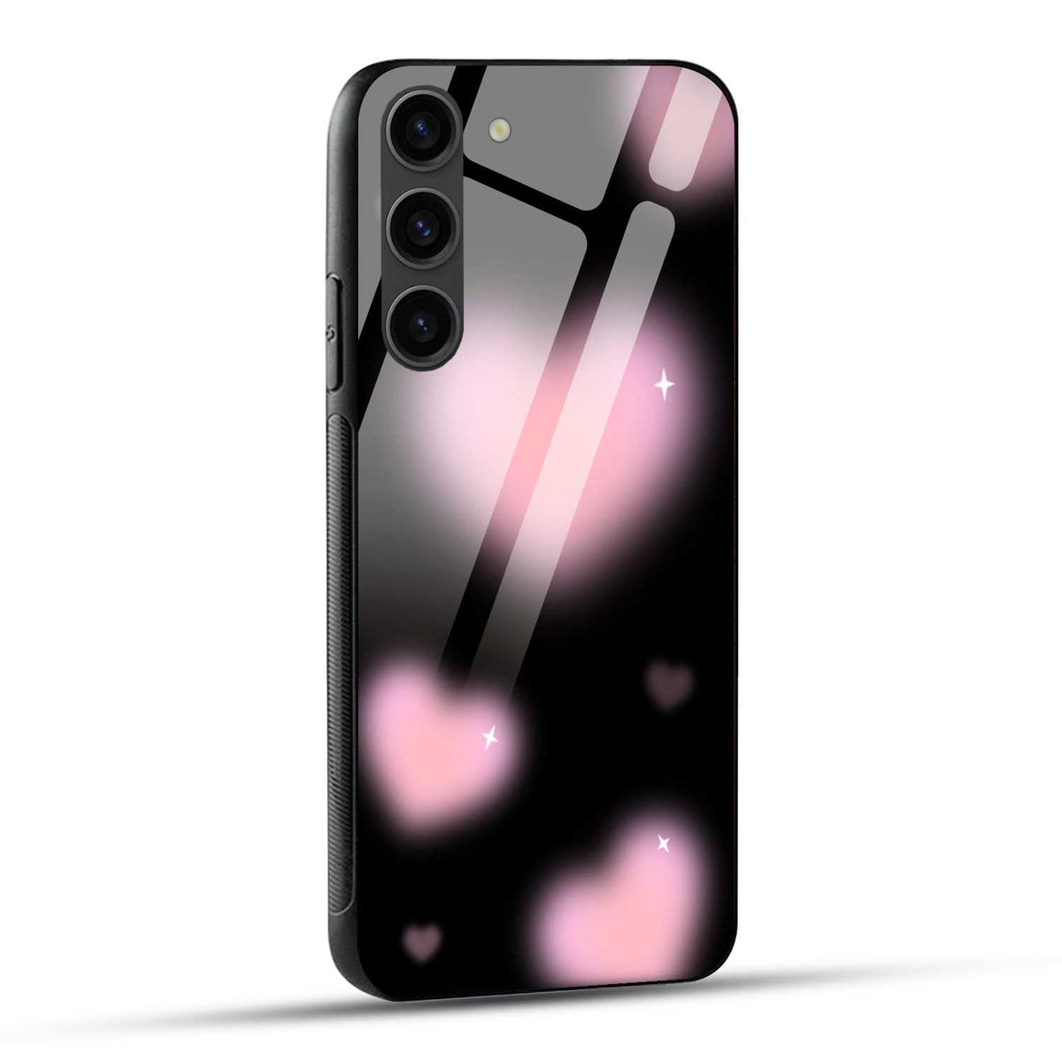 Samsung Galaxy S23 5G Back Cover Black And Pink Blurry Heart Printed Glass Case