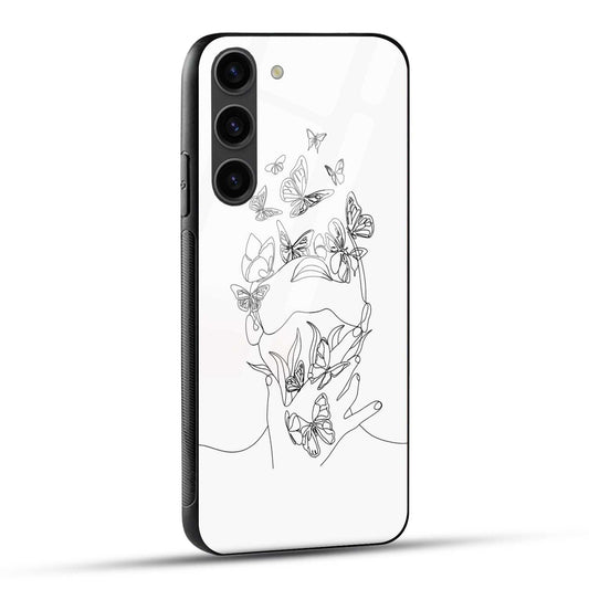 Samsung Galaxy S23 5G Back Cover Black Line Art Butterflies Woman Printed Glass Case