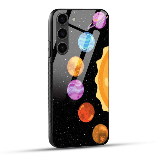 Samsung Galaxy S23 5G Back Cover Black Yellow Illustrative Space Planets Printed Glass Case
