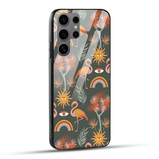 Samsung Galaxy S24 Ultra 5G Back Cover Flamingo And Leaf Pattern Printed Glass Case