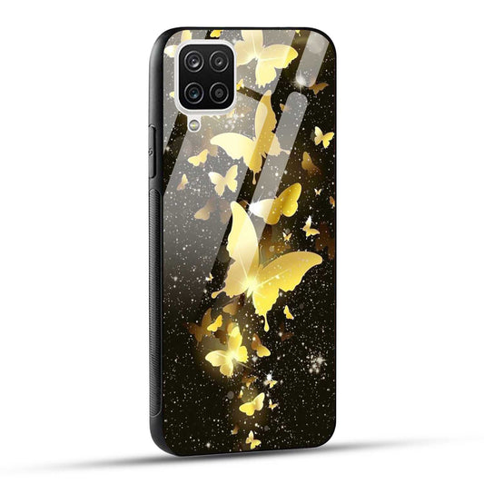 Samsung Galaxy A12 / M12 / F12 Back Cover Golden Butterfly Printed Glass Case