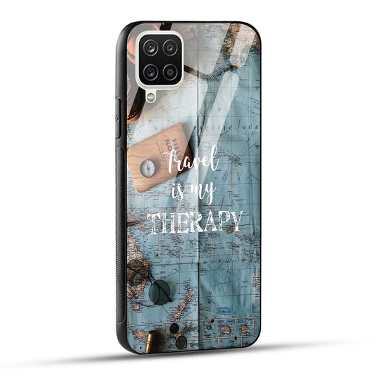 Samsung Galaxy A12 / M12 / F12 Back Cover Travel Is My Therapy Printed Glass Case