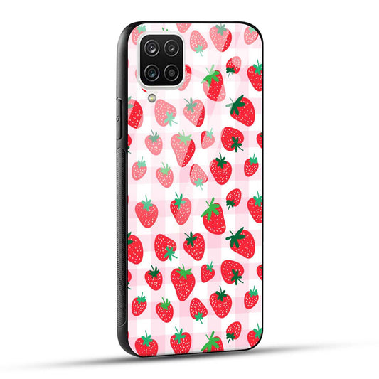 Samsung Galaxy A12 / M12 / F12 Back Cover Doodle Of Strawberries Printed Glass Case