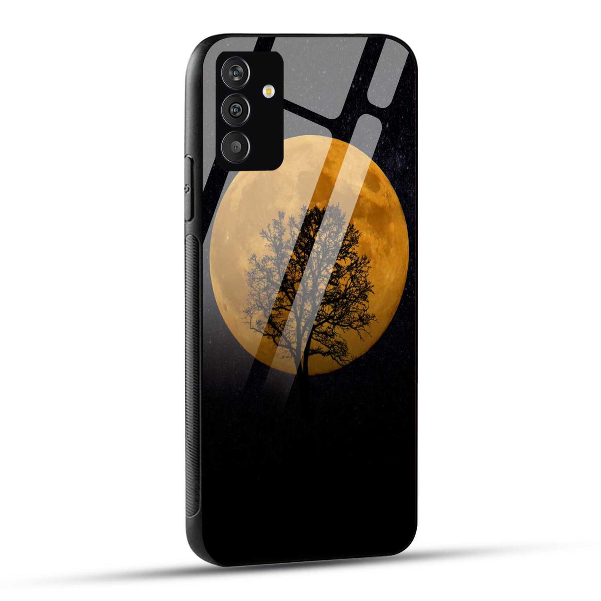 Samsung Galaxy A05s Back Cover Black And Orange Modern Moon Printed Glass Case