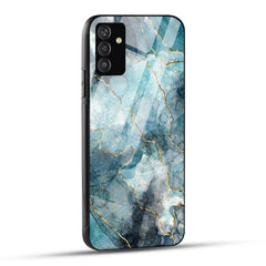 Samsung Galaxy F54 Back Cover Blue Gold Illustrated Marble Printed Glass Case