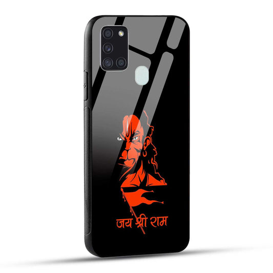 Samsung Galaxy A21s Back Cover Jay Shree Ram Bajrangballi Hanuman Printed Glass Case