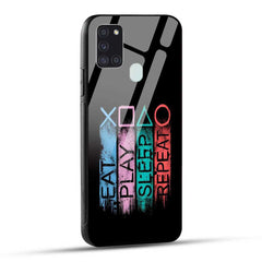 Samsung Galaxy A21s Back Cover Eat Play Sleep Repeat Glass Case