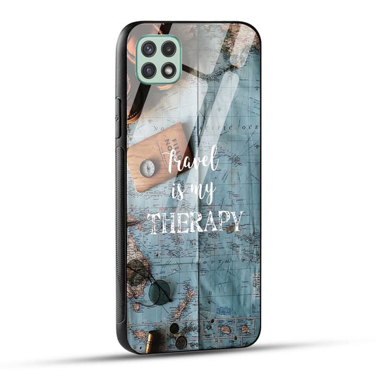Samsung Galaxy A22 5G / Samsung Galaxy F42 5G Back Cover Travel Is My Therapy Printed Glass Case