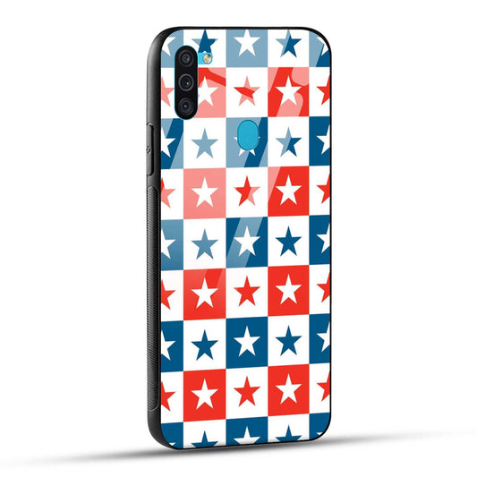 Samsung Galaxy M11 Back Cover Blue And Red Star Print Printed Glass Case
