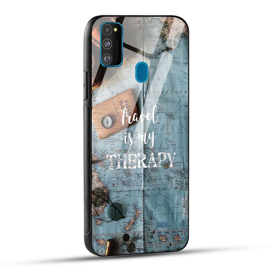 Samsung Galaxy M30s / Samsung Galaxy M21 / Samsung Galaxy M21 2021 Back Cover Travel Is My Therapy Printed Glass Case