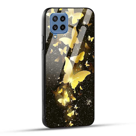 Samsung Galaxy M32 / F22 Back Cover Golden Butterfly on Black Wallpaper Glass Case
