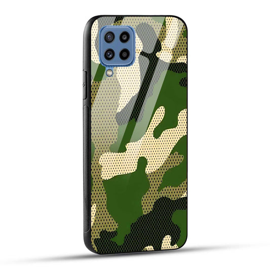 Samsung Galaxy M32 / Samsung Galaxy F22 Back Cover Camouflage Printed Glass Case