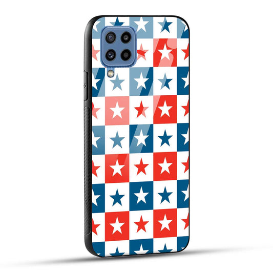 Samsung Galaxy M32 / Samsung Galaxy F22 Back Cover Blue And Red Star Print Printed Glass Case