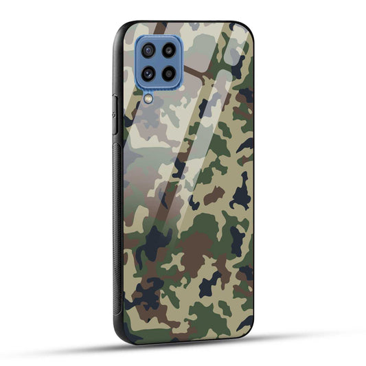Samsung Galaxy M32 / Samsung Galaxy F22 Back Cover Army Pattern Printed Glass Case
