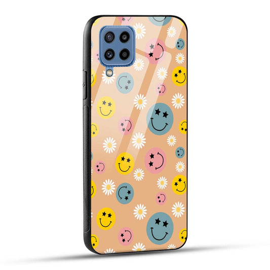 Samsung Galaxy M32 / Samsung Galaxy F22 Back Cover Smiley And Flowers Printed Glass Case