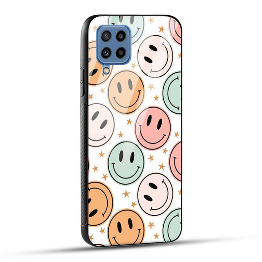 Samsung Galaxy M32 / Samsung Galaxy F22 Back Cover Smiling Flowers And Stars Printed Glass Case