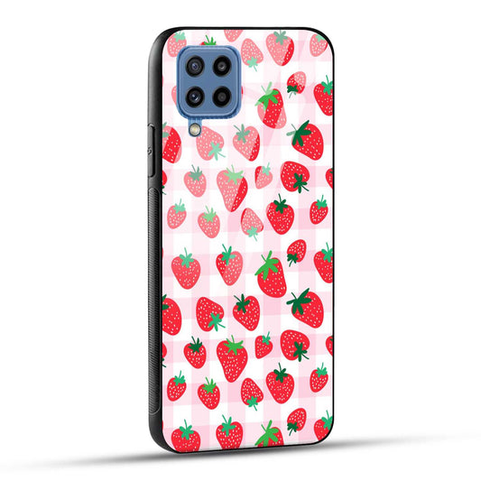 Samsung Galaxy M32 / Samsung Galaxy F22 Back Cover Doodle Of Strawberries Printed Glass Case