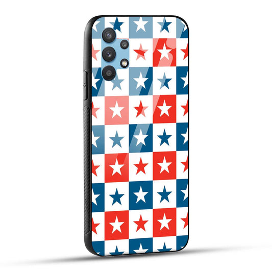Samsung Galaxy M32 5G Back Cover Blue And Red Star Print Printed Glass Case