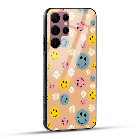 Samsung Galaxy S22 Ultra 5G Back Cover Smiley And Flowers Printed Glass Case