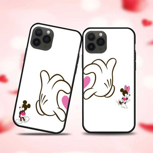 Making Heart Shape With Micky Mouse Hand Glove Glass Couple Case