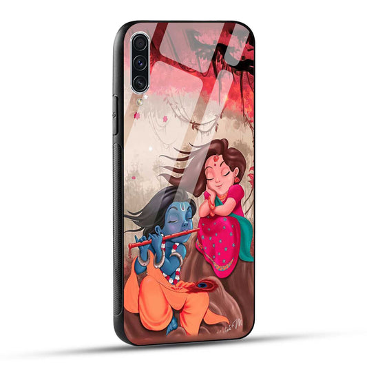 Samsung Galaxy A70 Back Cover Lord Krishna with His Flute & Radha Printed Glass Case