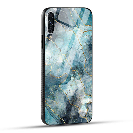 Samsung Galaxy A70 Back Cover Blue Gold Illustrated Marble Printed Glass Case