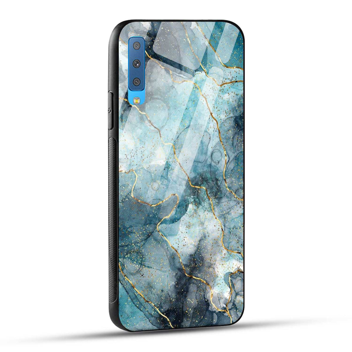 Samsung Galaxy A7 2018 Back Cover Blue Gold Illustrated Marble Printed Glass Case