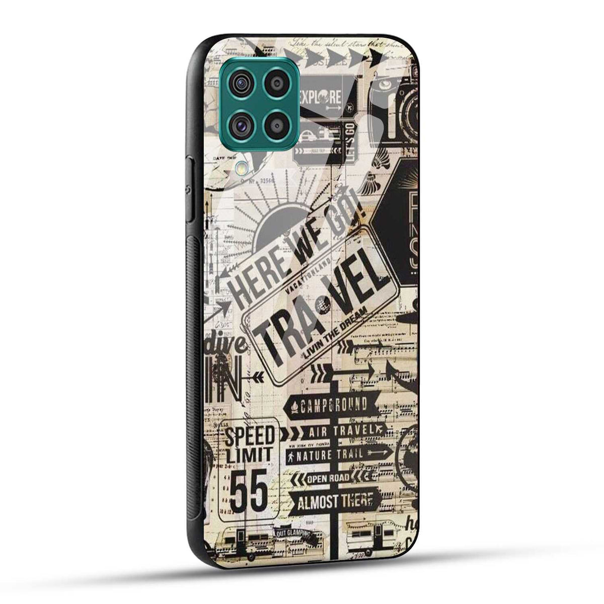 Samsung Galaxy F62 Back Cover Here We Go Travel Printed Glass Case