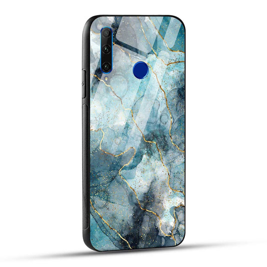 Honor 10i Back Cover Blue Gold Illustrated Marble Printed Glass Case