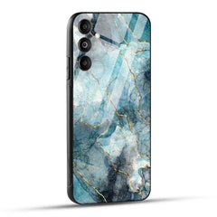 Samsung Galaxy M14 5G Back Cover Blue Gold Illustrated Marble Printed Glass Case