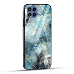 Samsung Galaxy M33 5G Back Cover Blue Gold Illustrated Marble Printed Glass Case