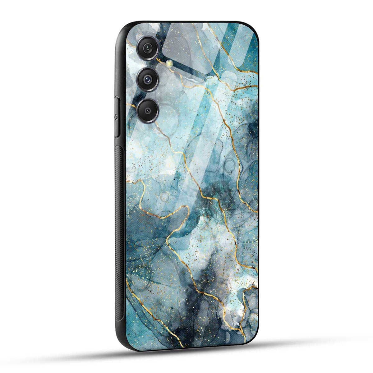 Samsung Galaxy M34 5G Back Cover Blue Gold Illustrated Marble Printed Glass Case