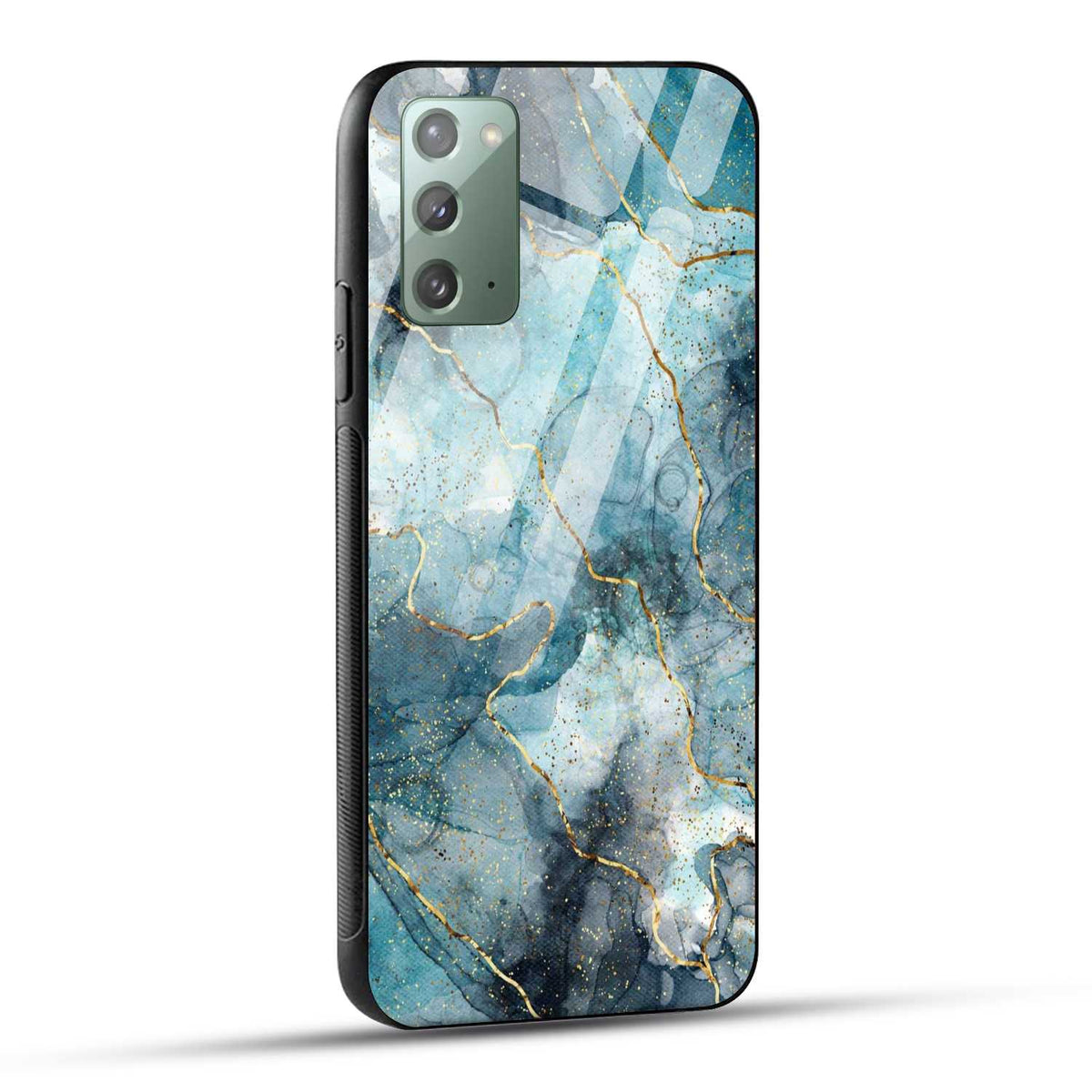 Samsung Galaxy Note 20 Back Cover Blue Gold Illustrated Marble Printed Glass Case