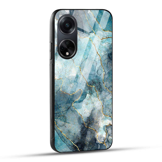 OPPO F23 5G Back Cover Blue Gold Illustrated Marble Printed Glass Case
