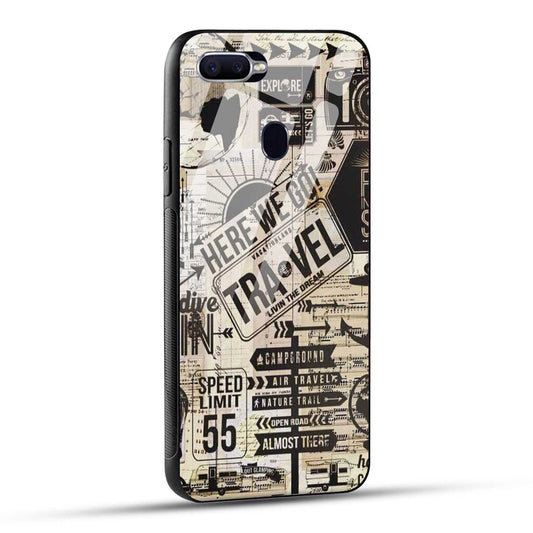 OPPO F9 Back Cover Here We Go Travel Printed Glass Case