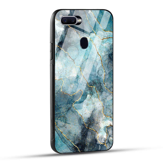 OPPO F9 Back Cover Blue Gold Illustrated Marble Printed Glass Case