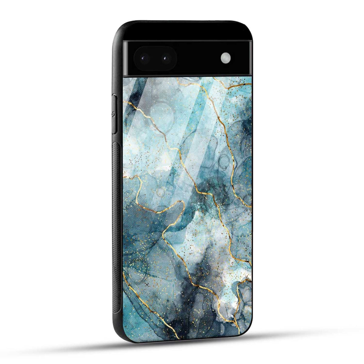Google Pixel 6A Back Cover Blue Gold Illustrated Marble Printed Glass Case