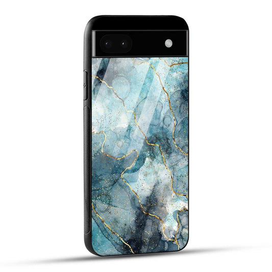 Google Pixel 6A Back Cover Blue Gold Illustrated Marble Printed Glass Case