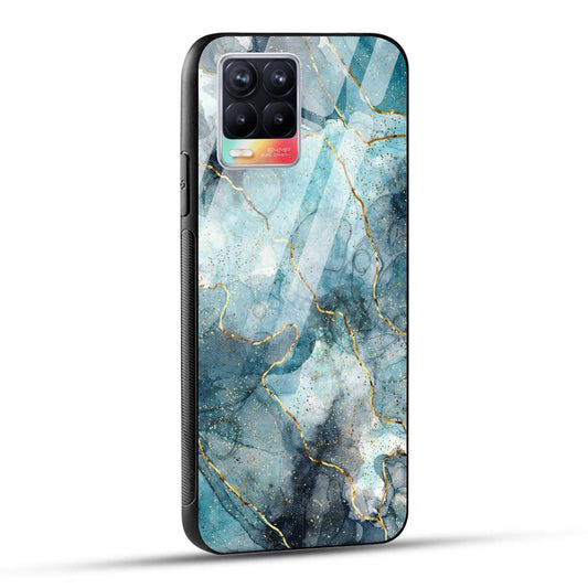 Realme 8 Back Cover Blue Gold Illustrated Marble Printed Glass Case