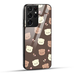 Samsung Galaxy S21 Ultra 5G Back Cover Brown Illustration Cute Bear Pattern Printed Glass Case