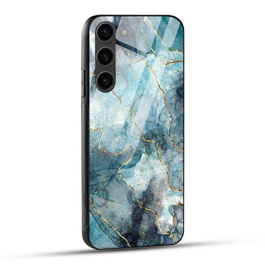 Samsung Galaxy S23 Plus 5G Back Cover Blue Gold Illustrated Marble Printed Glass Case