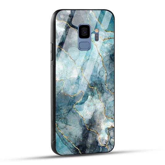 Samsung Galaxy S9 Back Cover Blue Gold Illustrated Marble Printed Glass Case