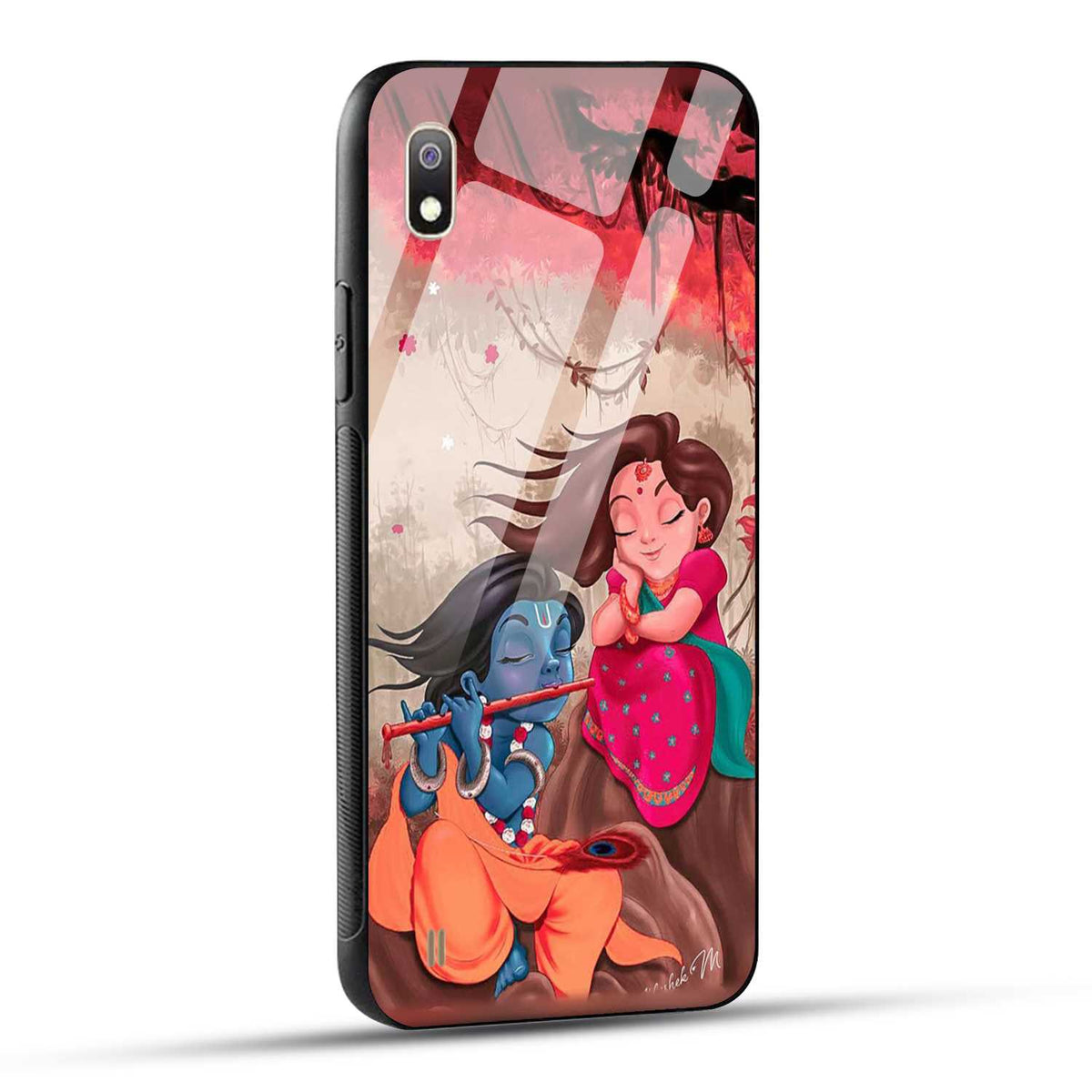 Samsung Galaxy A10 Back Cover Lord Krishna with His Flute & Radha Printed Glass Case