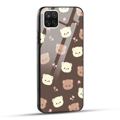 Samsung Galaxy A12 Back Cover Brown Illustration Cute Bear Pattern Printed Glass Case