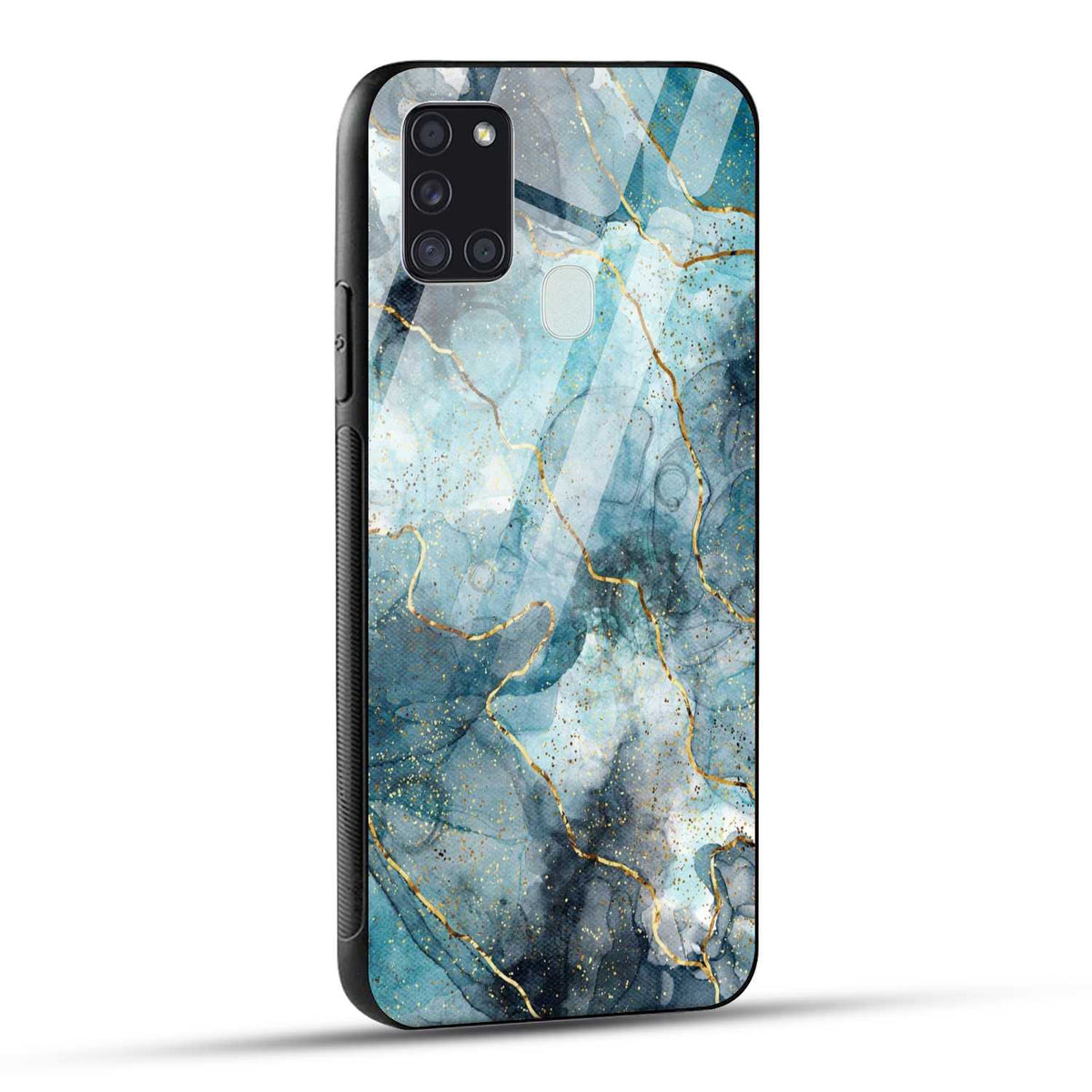 Samsung Galaxy A21s Back Cover Blue Gold Illustrated Marble Printed Glass Case