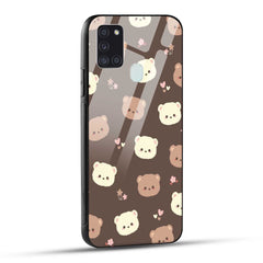 Samsung Galaxy A21s Back Cover Brown Illustration Cute Bear Pattern Printed Glass Case