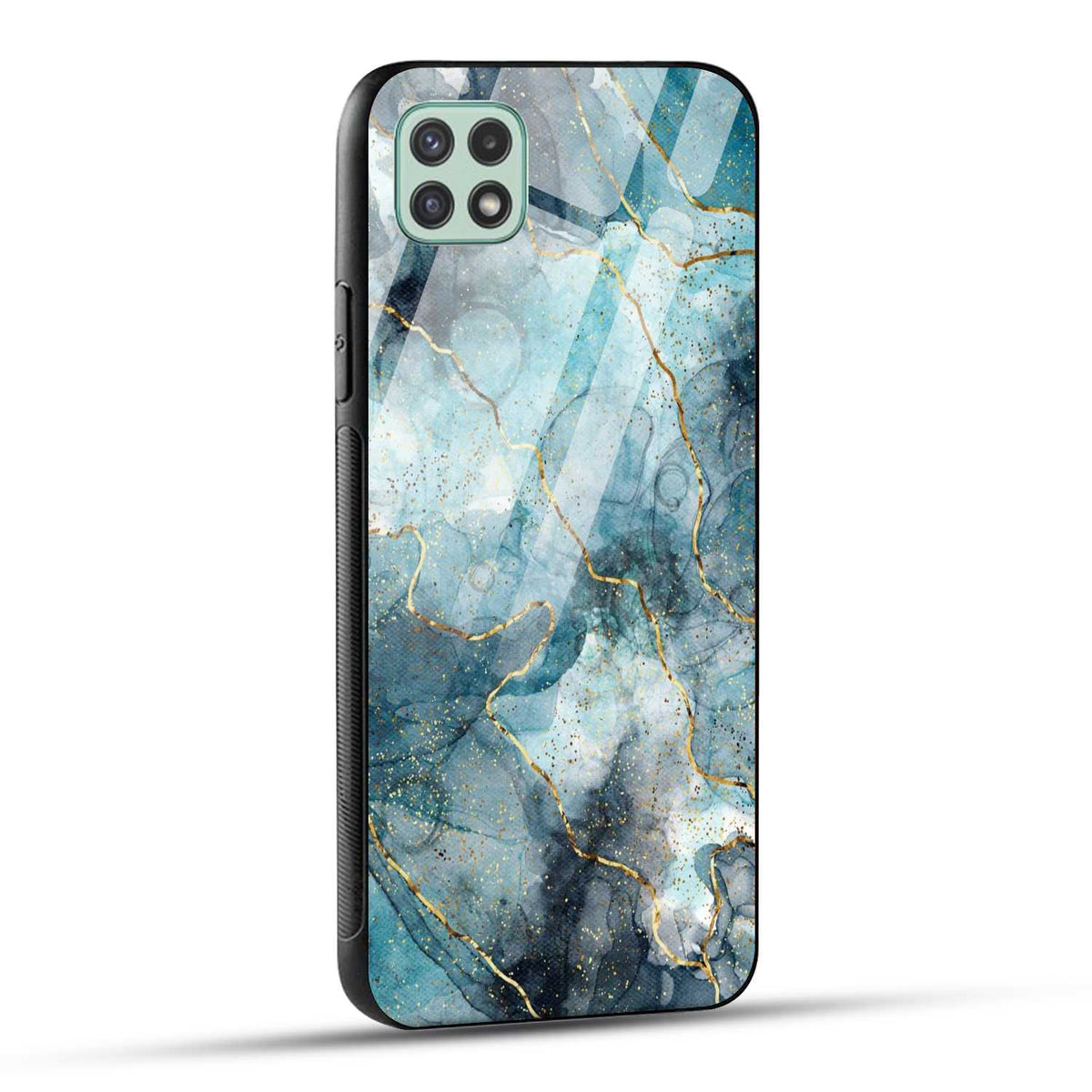 Samsung Galaxy A22 5G Back Cover Blue Gold Illustrated Marble Printed Glass Case