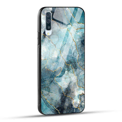 Samsung Galaxy A50 Back Cover Blue Gold Illustrated Marble Printed Glass Case