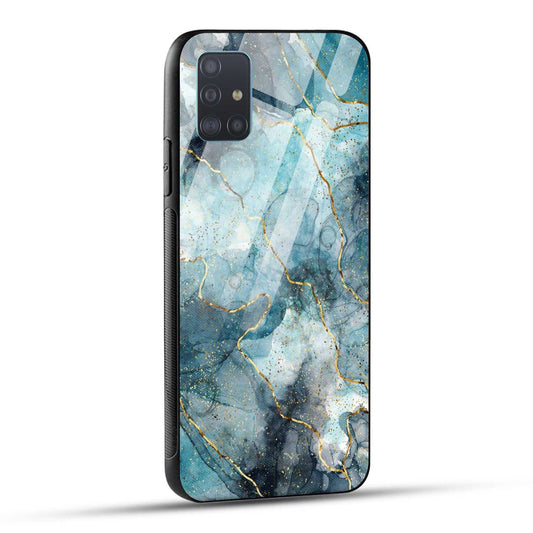 Samsung Galaxy A51 Back Cover Blue Gold Illustrated Marble Printed Glass Case