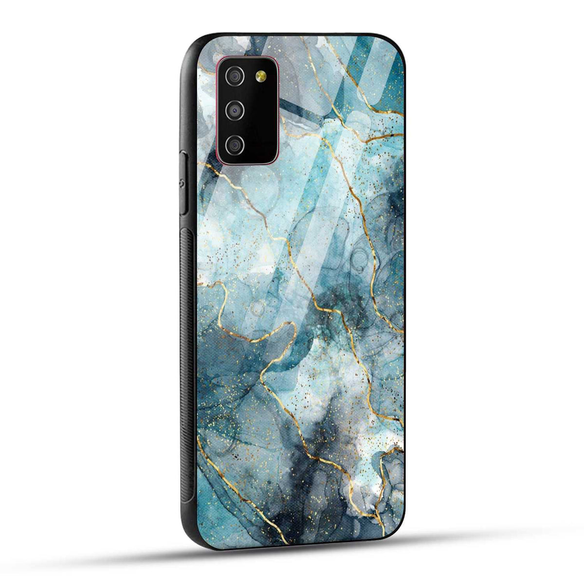 Samsung Galaxy M02s Back Cover Blue Gold Illustrated Marble Printed Glass Case
